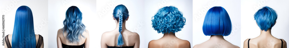 Various haircuts for woman with blue dyed hair - long straight, wavy, braided ponytail, small perm, bobcut and short hairs. View from behind on white background. Generative AI Various haircuts for woman with blue dyed hair - long straight, wavy, braided ponytail, small perm, bobcut and short hairs. View from behind on white background. Generative AI