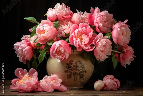 beautiful peony flowers in vintage vase © ditosw