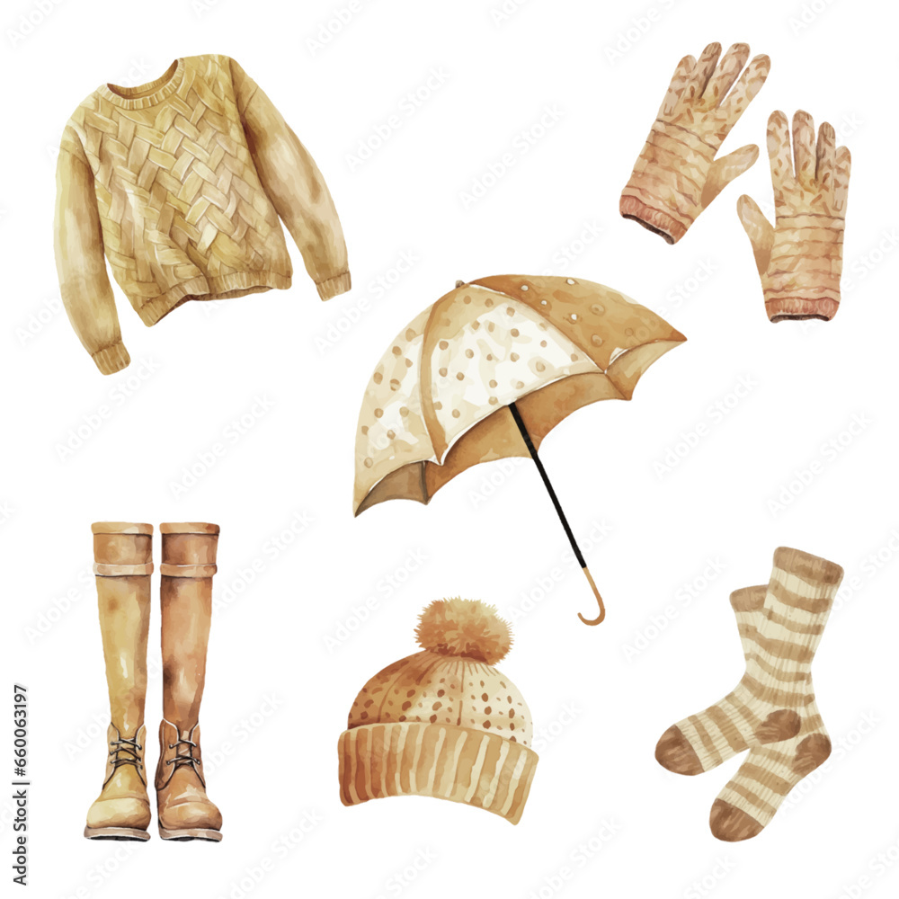 Watercolor vector yellow collection of autumn things and clothes, isolated on white background. Set contains fall essential like umbrella, boots, sweater, knitted hat, gloves, socks in yellow, orange.
