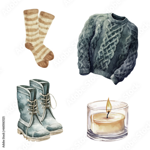Watercolor vector collection of autumn clothes objects, isolated on white background. Set contains fall essential like umbrella, knitted sweater, warm socks, boots and candle for making cards.