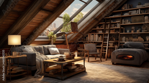 Attic with a cozy lounge area and a built-in bookshelf