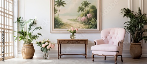 A vintage living room with a classic armchair featuring a bright painting above a table adorned with plants