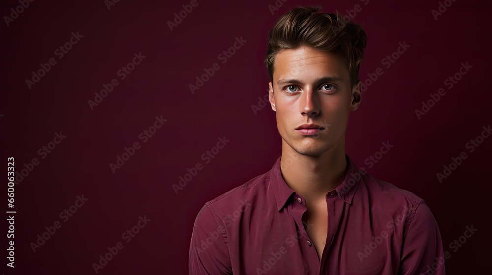 Model with a deep, reflective look against a burgundy backdrop. Emphasize the gravity of his expression Model with a deep, reflective look against a burgundy backdrop. Emphasize the gravity of his expression