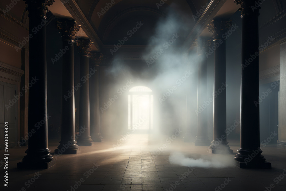 Templo vacío. Sala interior de un templo con columnas y pilares con humo. Ambiente con niebla y contraluz. - obrazy, fototapety, plakaty 