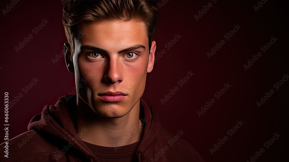 Model with a deep, reflective look against a burgundy backdrop. Emphasize the gravity of his expression