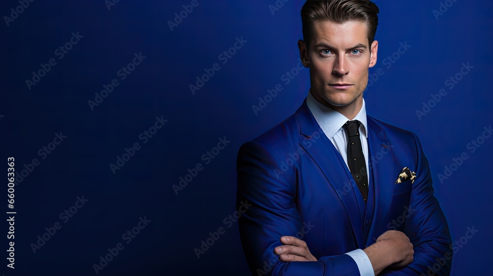 Model with a regal and distinguished look, set against a royal blue background. Focus on his prominent features