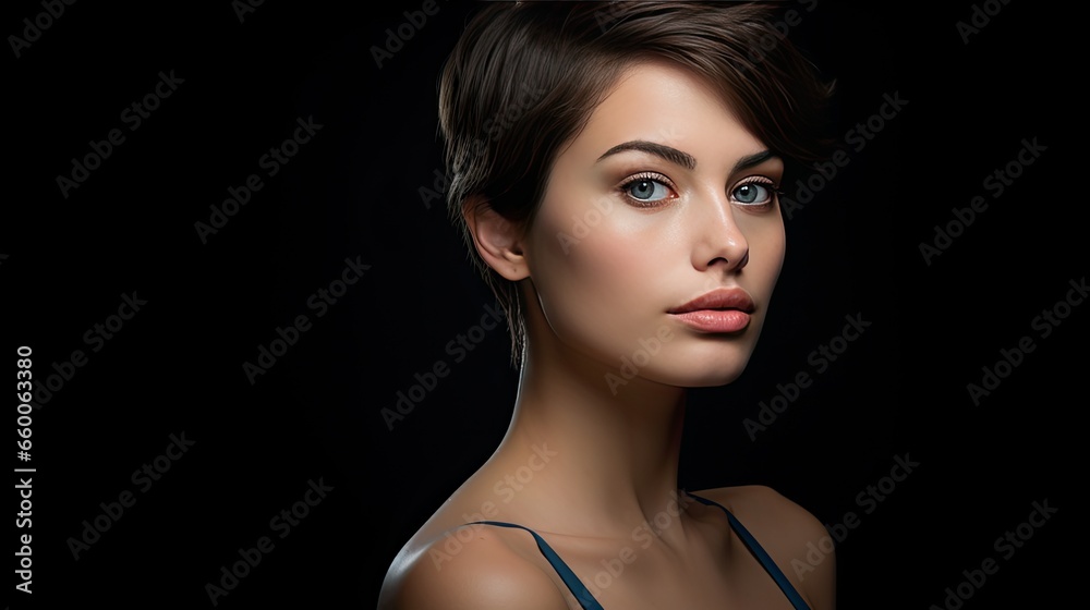 Model, with striking features and a piercing gaze, set against a deep midnight blue background. Accentuate the model's jawline and facial contours Model, with striking features and a piercing gaze, set against a deep midnight blue background. Accentuate the model's jawline and facial contours