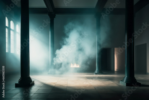 Templo vac  o. Sala interior de un templo con columnas y pilares con humo. Ambiente con niebla y contraluz.