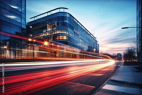Light trails on the modern building background. Light trails at night in urban environment, Abstract Motion Blur City.