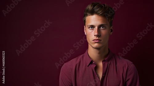 Model with a deep, reflective look against a burgundy backdrop. Emphasize the gravity of his expression © Filip