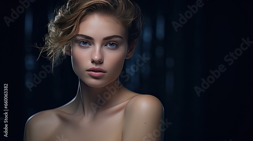 Model, with striking features and a piercing gaze, set against a deep midnight blue background. Accentuate the model's jawline and facial contours