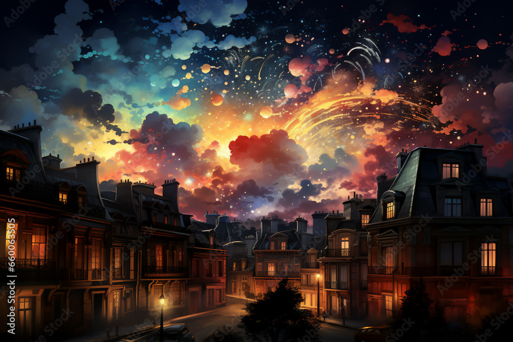 Fototapeta premium Experience the magic of a vibrant cityscape adorned with multicolor fireworks in this intricate and celebratory illustration. Perfect for adding a touch of excitement to your creative projects