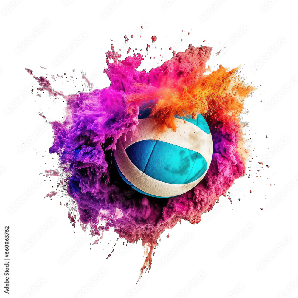 Exploding Volleball Volleyball in explosion of colored neon powder isolate on transparent ...