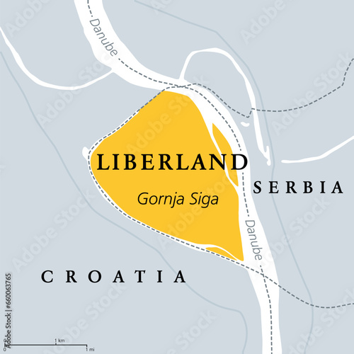 Free Republic of Liberland, gray political map. Unrecognized micronation in Southeast Europe, claiming Gornja Siga, uninhabited and disputed land on western bank of Danube between Croatia and Serbia.