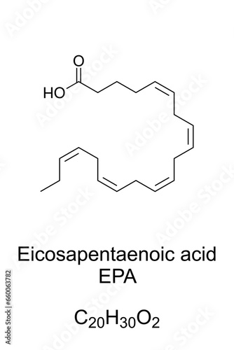 Eicosapentaenoic acid, EPA, chemical formula. timnodonic acid, a polyunsaturated omega-3 fatty acid. Contained in breastmilk, oily fish, edible algae, or as supplemental forms of fish or algae oil.