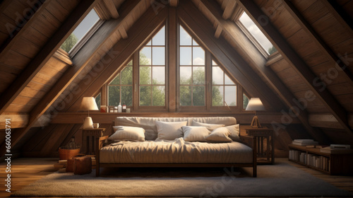 Attic with a skylight and a plush daybed and exposed wood beams