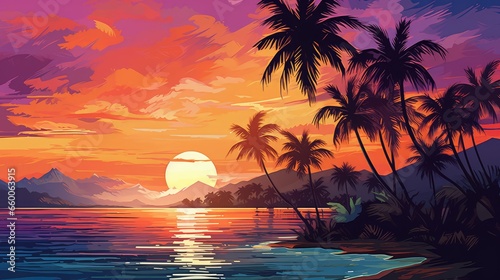 Illustration of a serene and colorful beach
