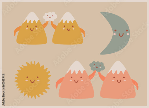 cute cozy illustration-set with mountains, clouds, sun and moon