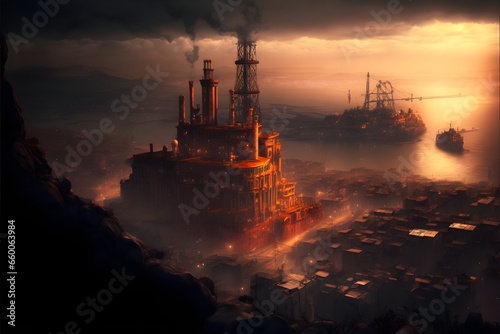 steampunk genoa seen from 150 m distance top dark and dramatic light orange neon stormy weather volumetric fog 8k hdr ultra detail 