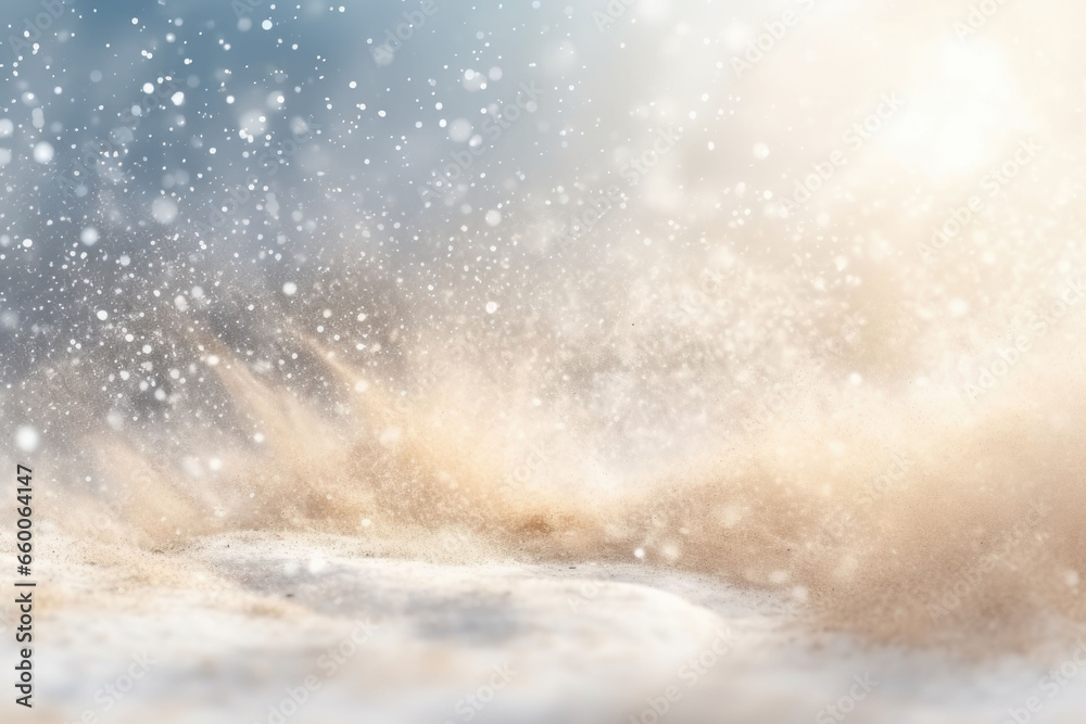 Christmas and New Year background with snow explosion, snowflakes and golden rays. Generative AI