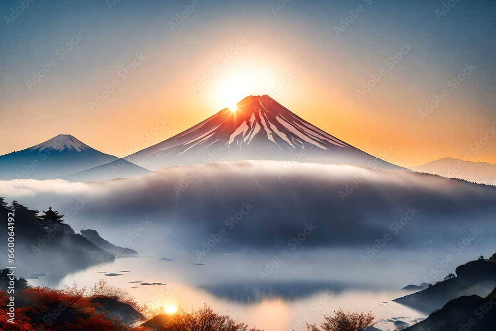 Sun and Mount Fuji in blur background