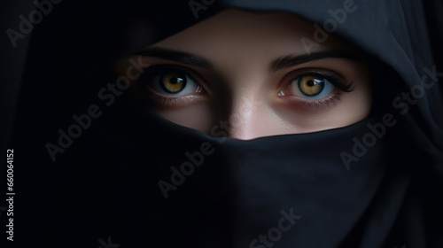 Portrait of black hijab girl with niqab covering her face, piercing gaze and expressive eyes, close up view, muslim woman portrait with mesmerizing atmosphere exudes mystery and depth