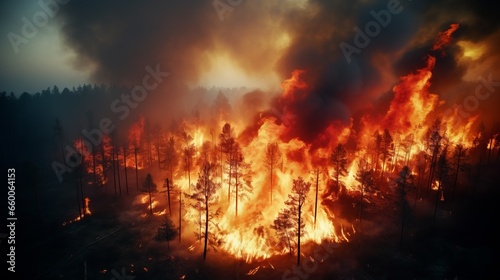 Raging and terrifying forest fire with thick plumes of heavy smoke billowing into sky engulfing forest area, atmosphere of chaos and tragedy, fiery inferno consumes serene forest © TRAVELARIUM