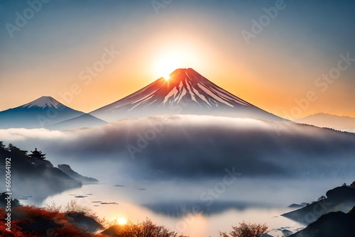 Sun and Mount Fuji in blur background