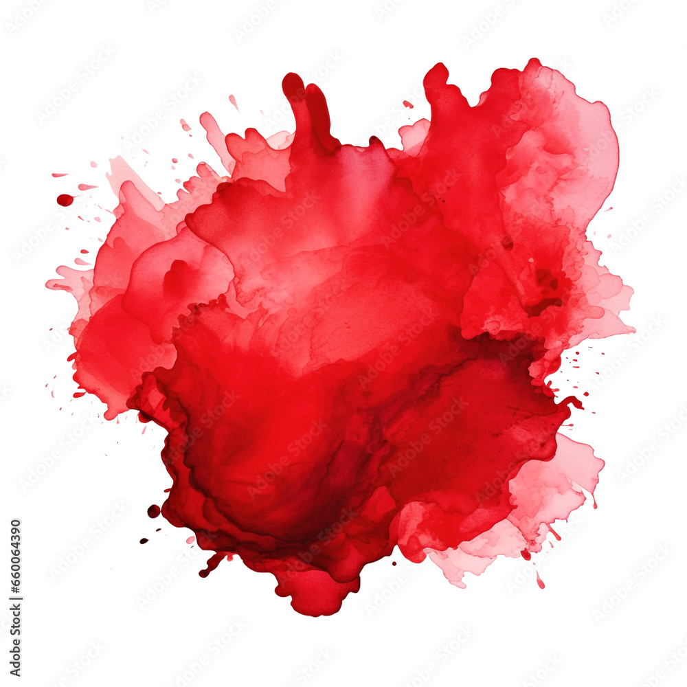 Red watercolor paint staint isolated on white background, no background, png