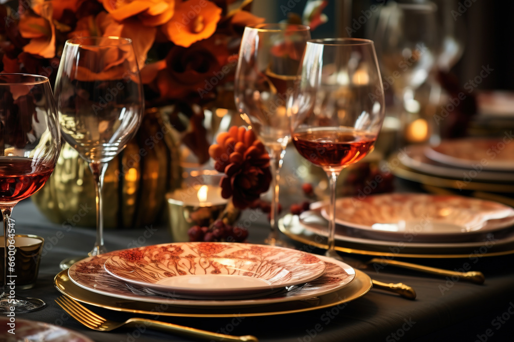 Dining table set up with wineglasses and tableware for an evening Thanksgiving dinner party Dining table set up with wineglasses and tableware for an evening Thanksgiving dinner party