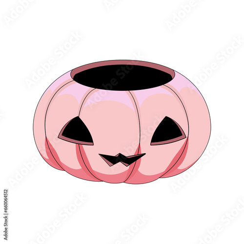 Jack-o’-lantern. Różowa dynia na Halloween. Wydrążona dynia z uroczą miną na jesienne święto.