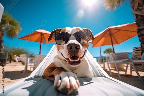 Portrait of a funny dog in sunglasses on beach background