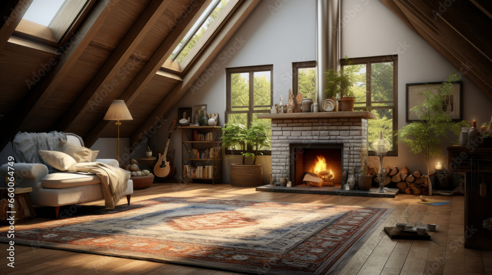 Fototapeta premium Attic with a wood-burning fireplace
