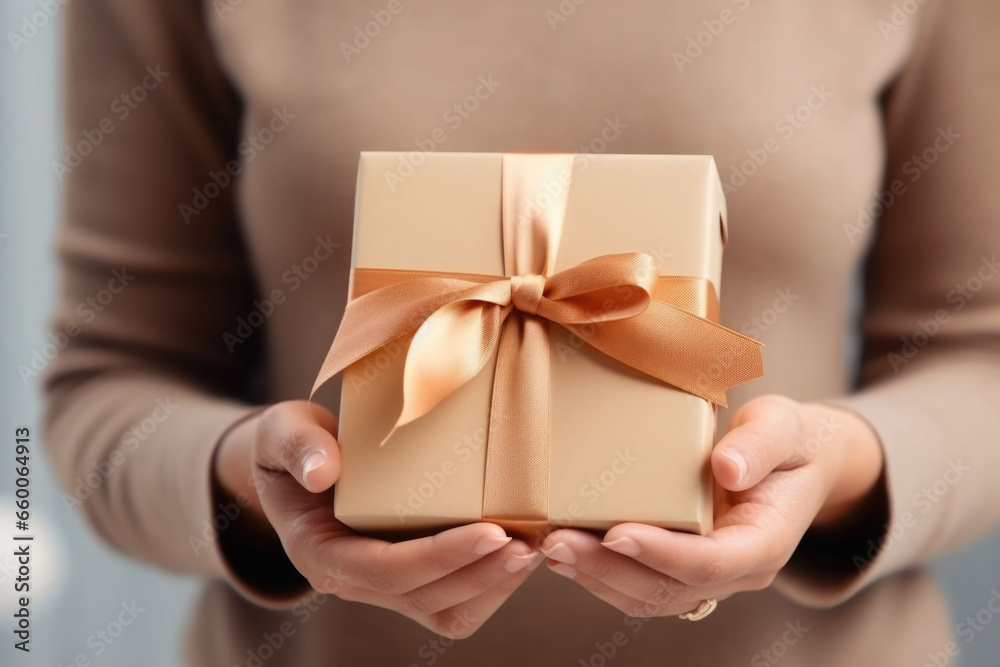 Gift box with a ribbon in woman's hands, minimalism. Generative AI Gift box with a ribbon in woman's hands, minimalism. Generative AI