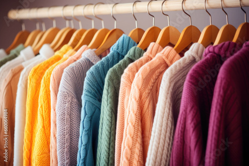Row of different colorful knitted sweaters hang on hangers. Generative AI