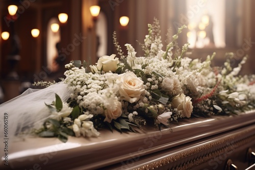 close up shot of a a beautiful funeral casket and flower in a church.
