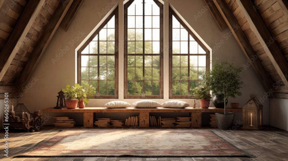 Attic with an area rug and a rustic wooden bench and a wall of windows Attic with an area rug and a rustic wooden bench and a wall of windows