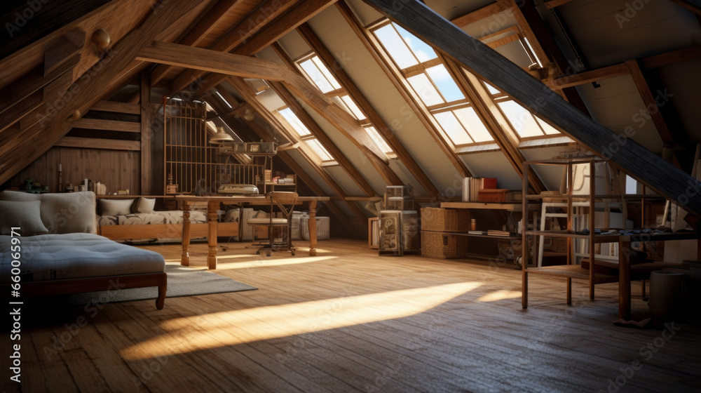 Attic with exposed beams and a large skylight and a seating area