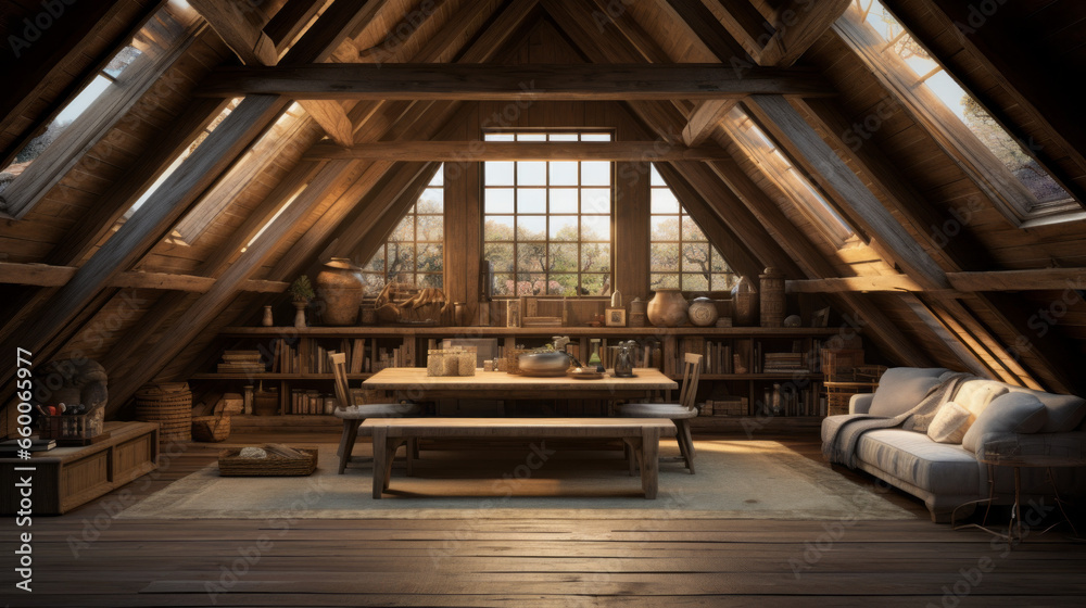 Attic with exposed beams and a large skylight and a seating area Attic with exposed beams and a large skylight and a seating area