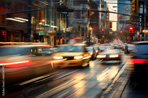 Cars in movement with motion blur. A crowded street scene in downtown