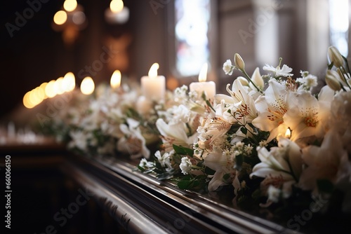 close up shot of a a beautiful funeral casket and flower in a church.