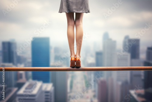 A young woman navigating a tightrope against the backdrop of a cityscape, illustrating the challenges and fears that can come with a corporate career. photo