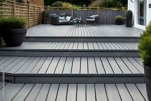 Composite decking in ash grey with three levels deck lights and ideal for a landscape gardener