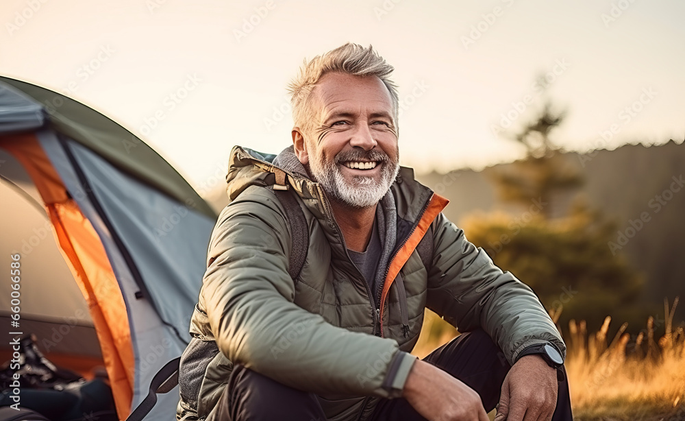 Happy and healthy senior man smiling while enjoying an active lifestyle in nature and outdoor camping Happy and healthy senior man smiling while enjoying an active lifestyle in nature and outdoor camping