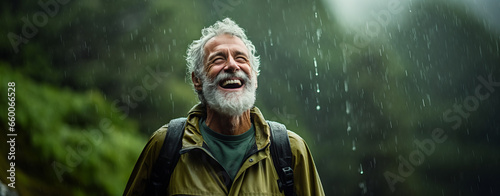 Happy and healthy senior man smiling while enjoying an active lifestyle in nature and outdoor camping in the rain photo