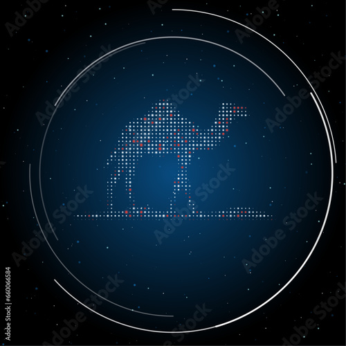 The wild camel symbol filled with white dots. Pointillism style. Some dots is red. Vector illustration on blue background with stars