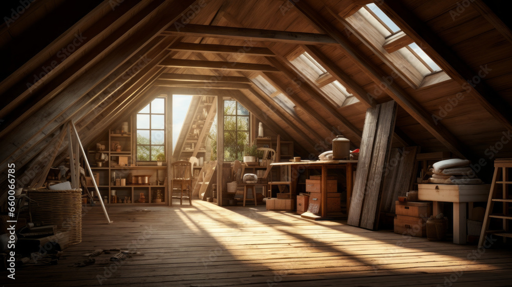 Attic with exposed rafters and a cozy window seat and a skylight