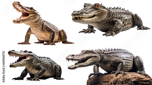 Crocodile full body showing jaws on isolated transparent background, PNG file