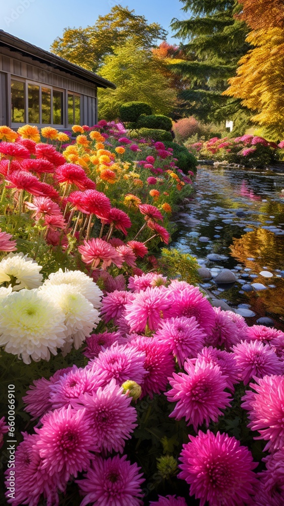 Generative AI serene garden with vibrant chrysanthemums image Generative AI serene garden with vibrant chrysanthemums image