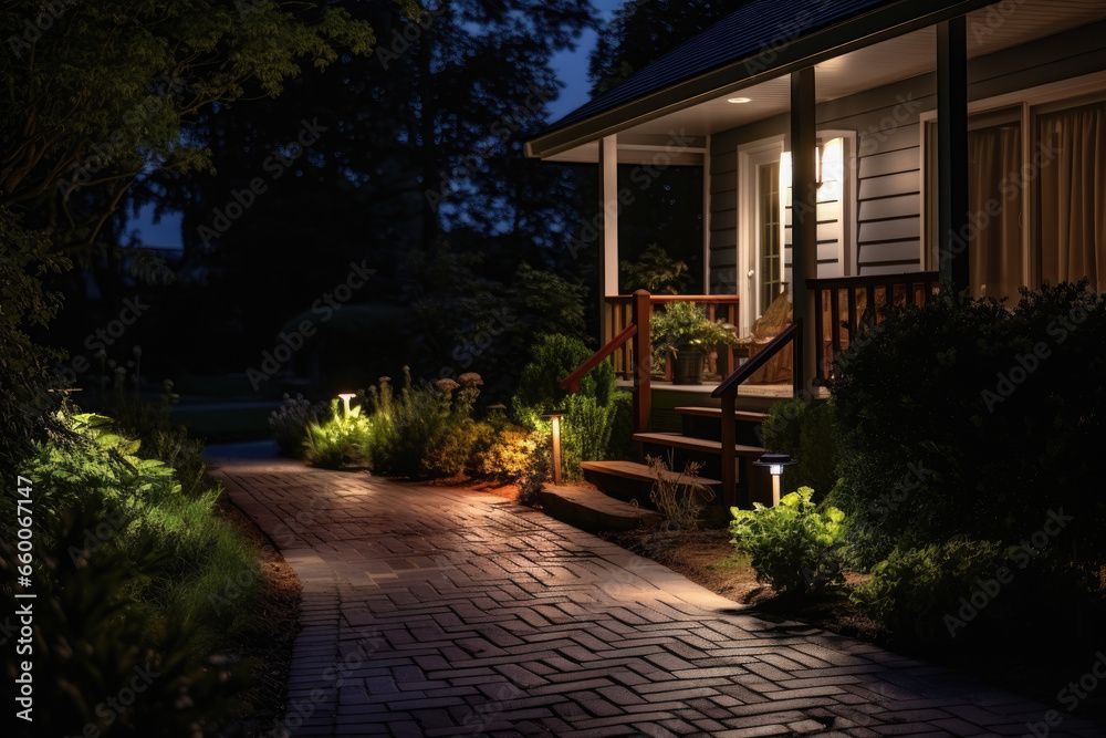 Modern gardening landscaping design details. Illuminated pathway in front of residential house. Landscape garden with ambient lighting system installation highlighting flowers plants - obrazy, fototapety, plakaty 